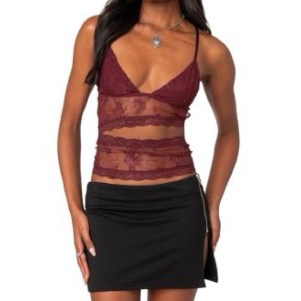 Burgundy Lace Sheer Top